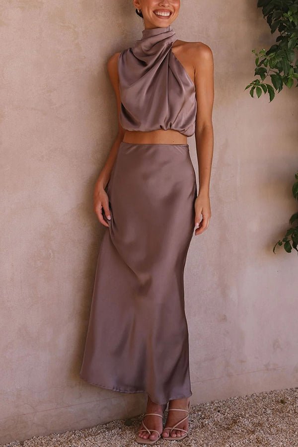 Women's satin draped halter crop top and maxi skirt two-piece set