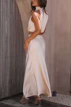 Women's satin draped halter crop top and maxi skirt two-piece set