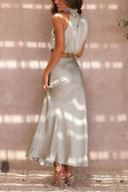 Women's satin draped halter crop top and maxi skirt two-piece set