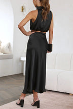 Women's satin draped halter crop top and maxi skirt two-piece set