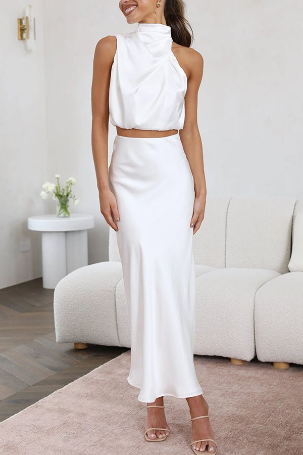 Women's satin draped halter crop top and maxi skirt two-piece set