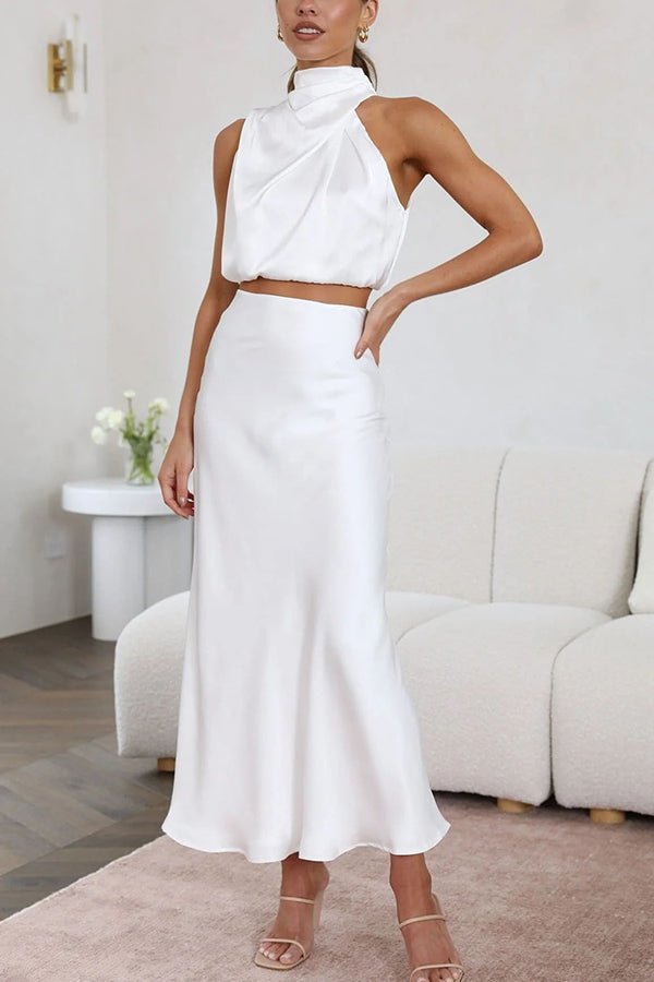 Women's satin draped halter crop top and maxi skirt two-piece set