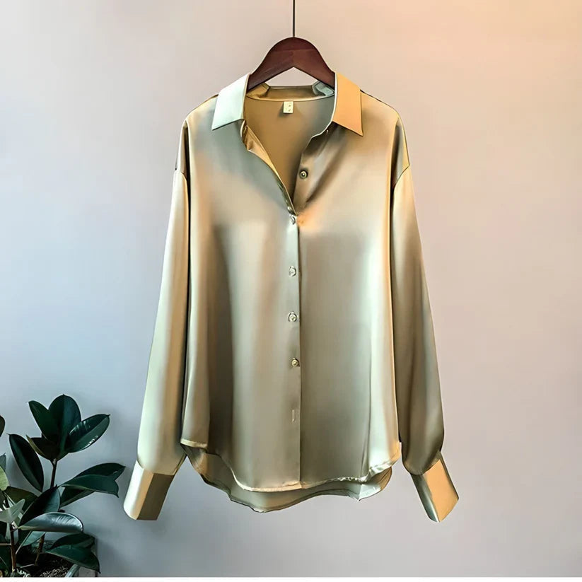Women's satin long sleeve blouse with button front