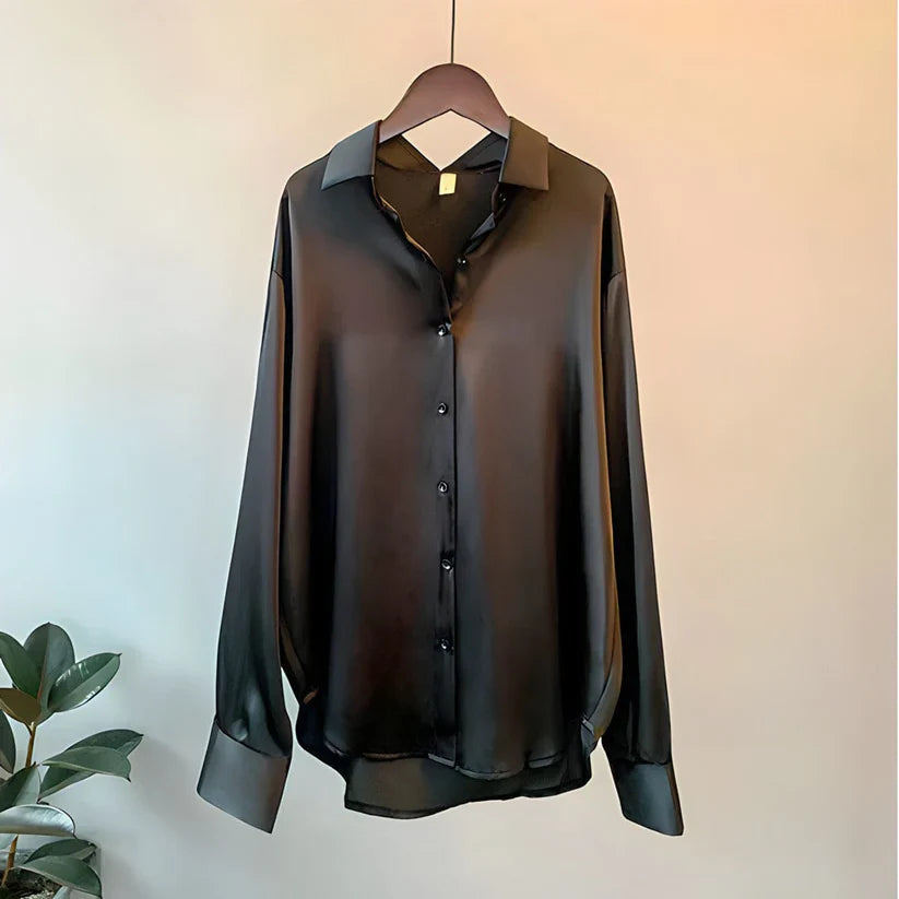 Women's satin long sleeve blouse with button front
