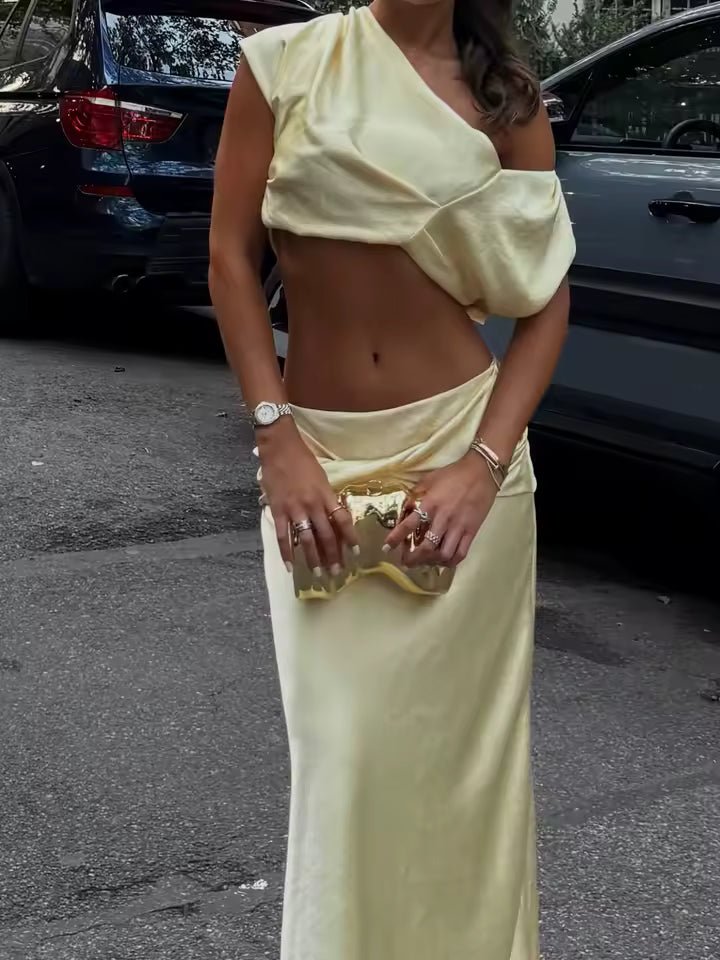Women's satin one-shoulder pleated crop top and maxi skirt two-piece set