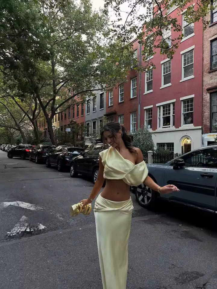 Women's satin one-shoulder pleated crop top and maxi skirt two-piece set