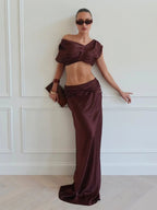 Women's satin one-shoulder pleated crop top and maxi skirt two-piece set