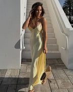 Women's satin open-back maxi evening dress