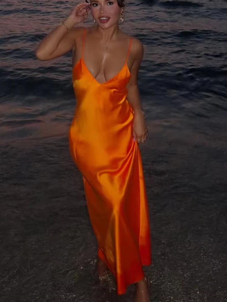 Women's satin open-back maxi evening dress