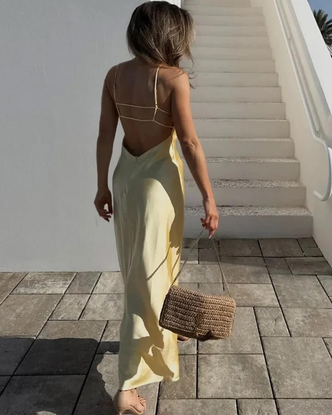 Women's satin open-back maxi evening dress