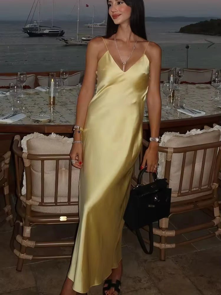 Women's satin open-back maxi evening dress
