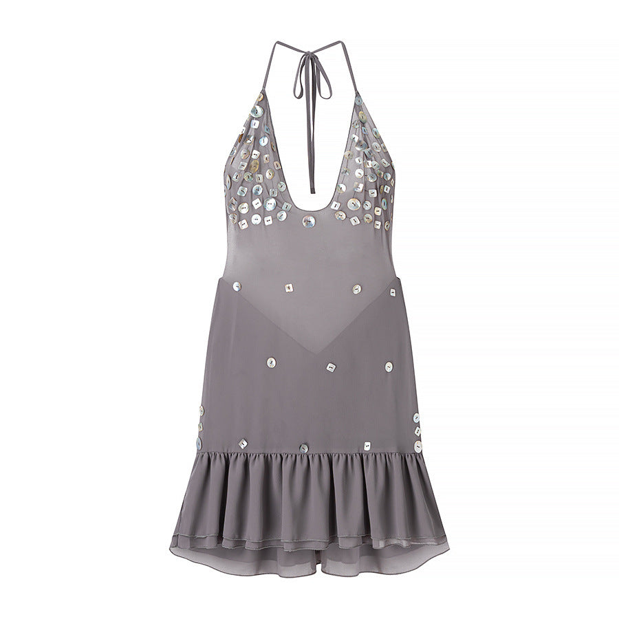 Women's sequin mini cocktail dress with halter neck