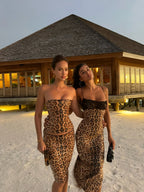 Women's sequin strapless corset top and midi skirt party set