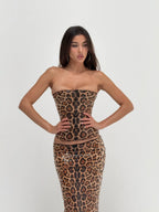 Women's sequin strapless corset top and midi skirt party set