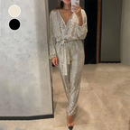 Women's sequin jumpsuit with V-neck and tie waist