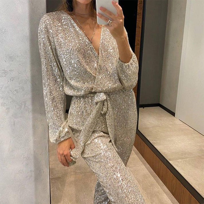Women's sequin jumpsuit with V-neck and tie waist