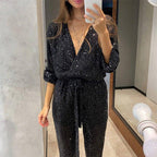 Women's sequin jumpsuit with V-neck and tie waist