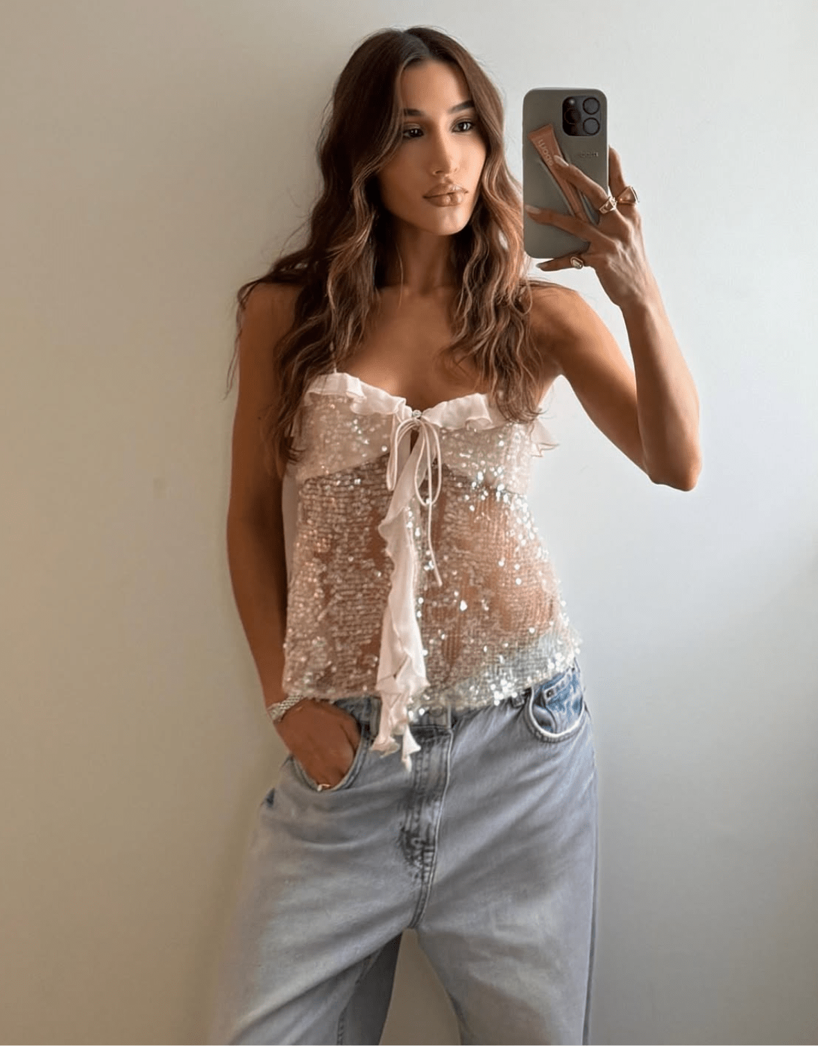 Women's sequin ruffle trim tie-front party top