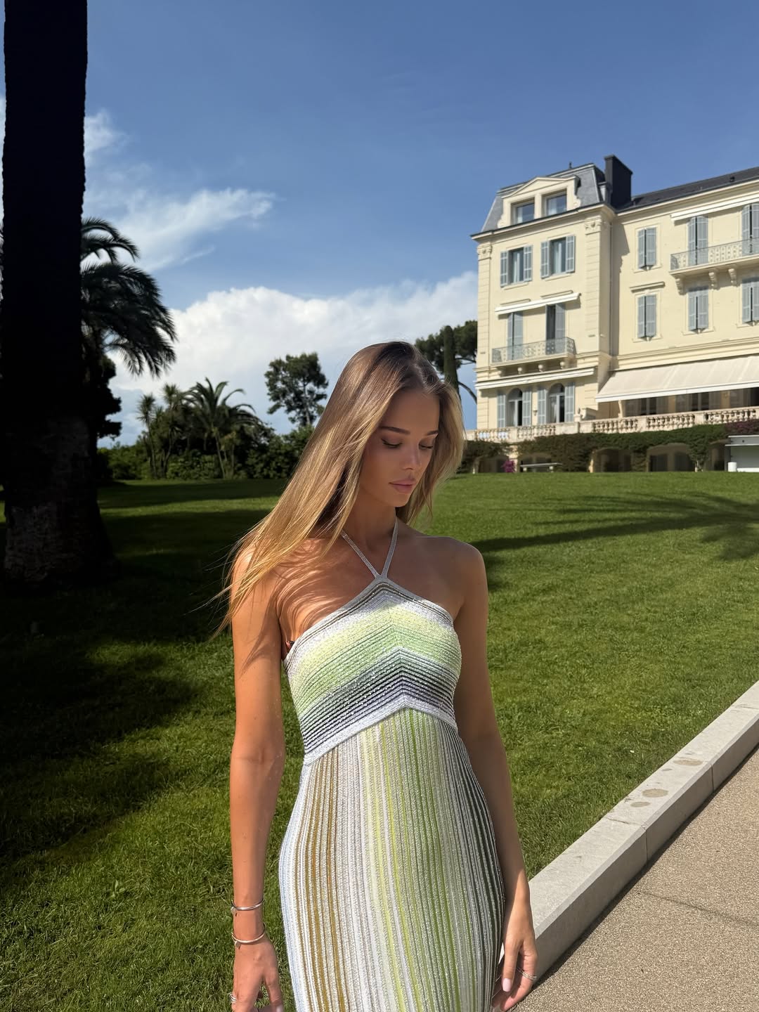 Women's sequin striped halter maxi dress
