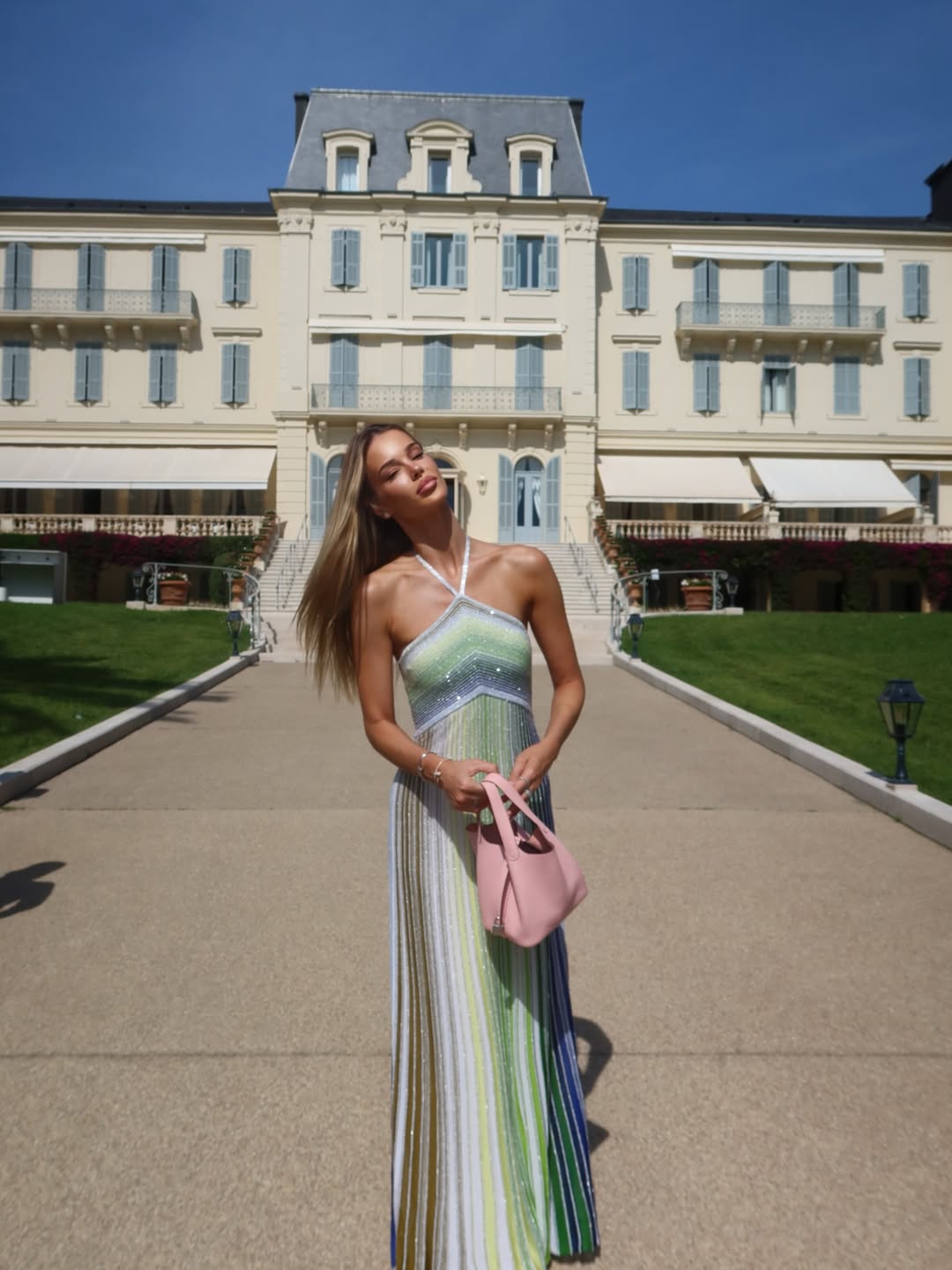 Women's sequin striped halter maxi dress
