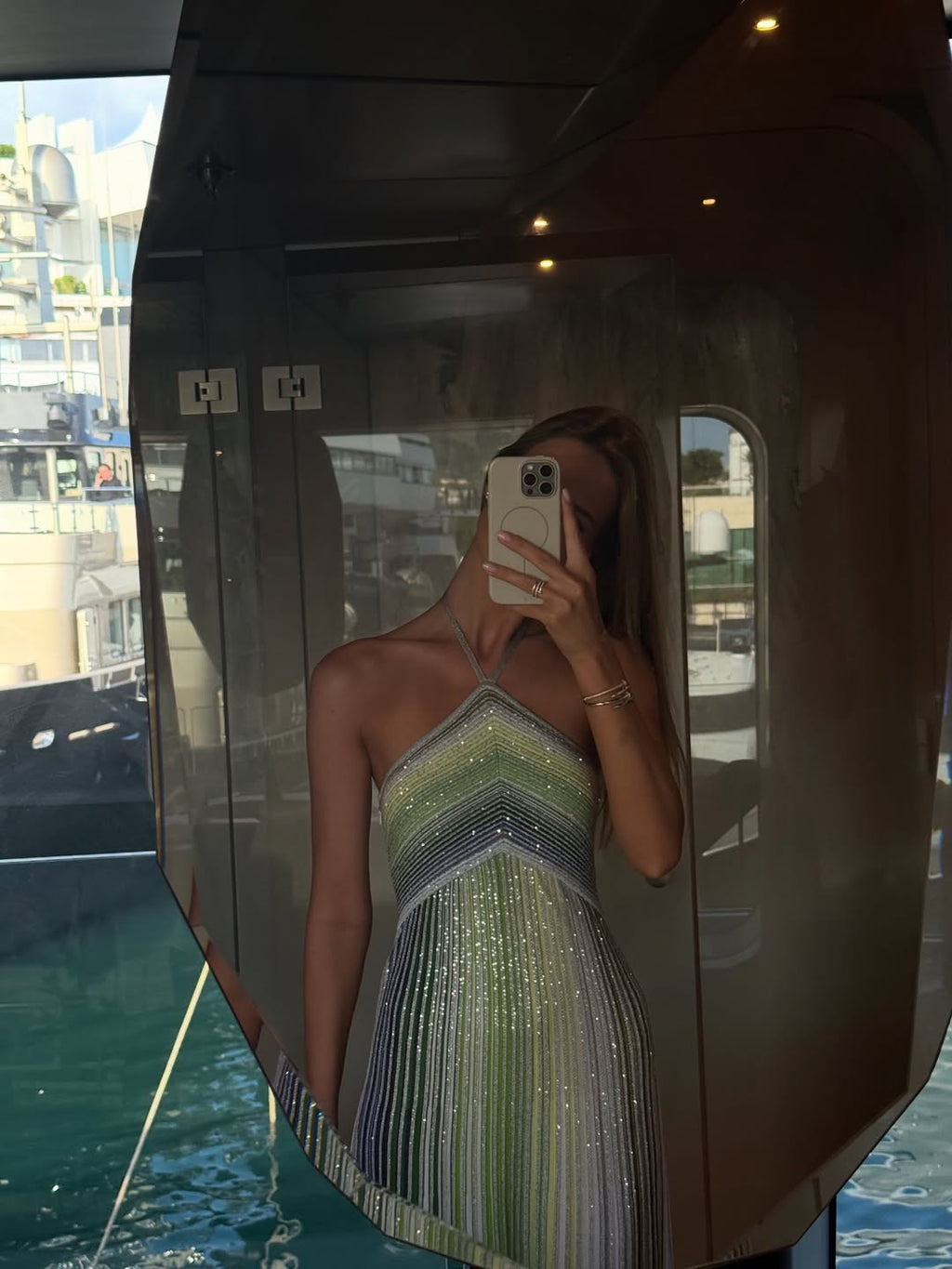 Women's sequin striped halter maxi dress