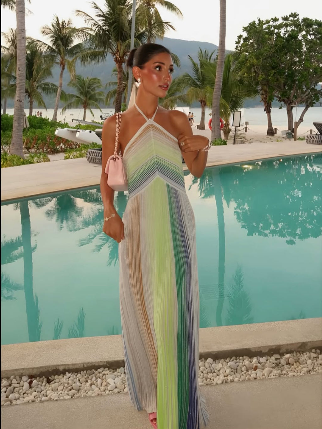 Women's sequin striped halter maxi dress