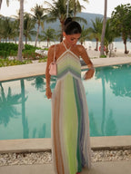 Women's sequin striped halter maxi dress