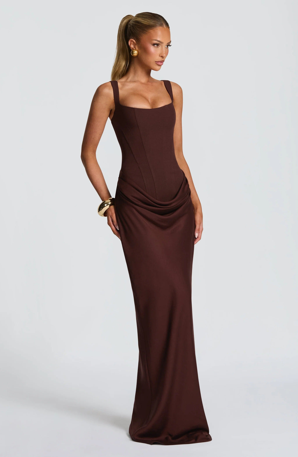 Women's square neck draped maxi wedding guest dress