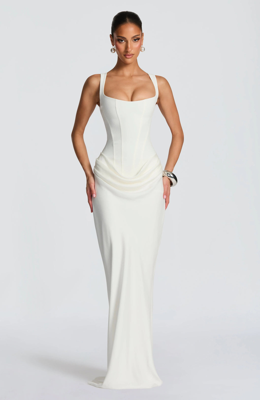 Women's square neck draped maxi wedding guest dress