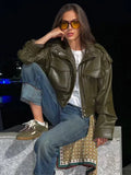 Women's stand collar zip-front jacket with flap pockets
