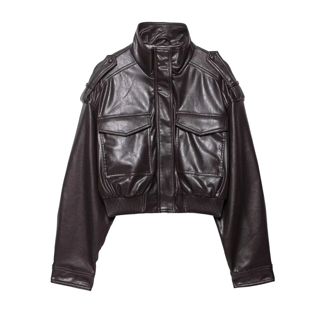 Women's stand collar zip-front jacket with flap pockets