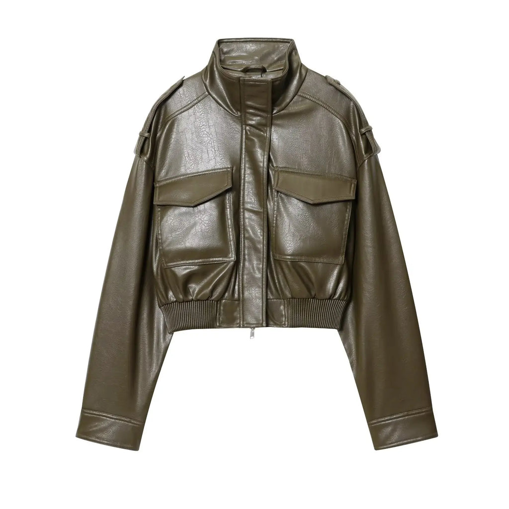 Women's stand collar zip-front jacket with flap pockets
