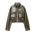 Women's stand collar zip-front jacket with flap pockets