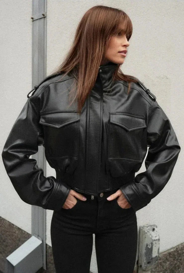 Women's stand collar zip-front jacket with flap pockets