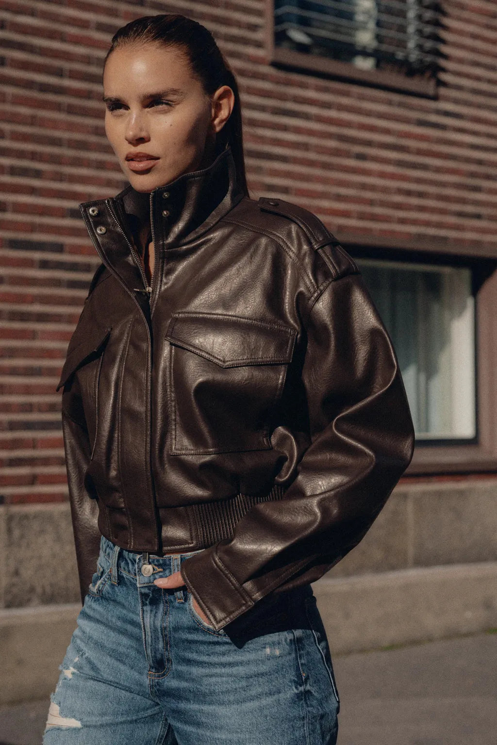 Women's stand collar zip-front jacket with flap pockets