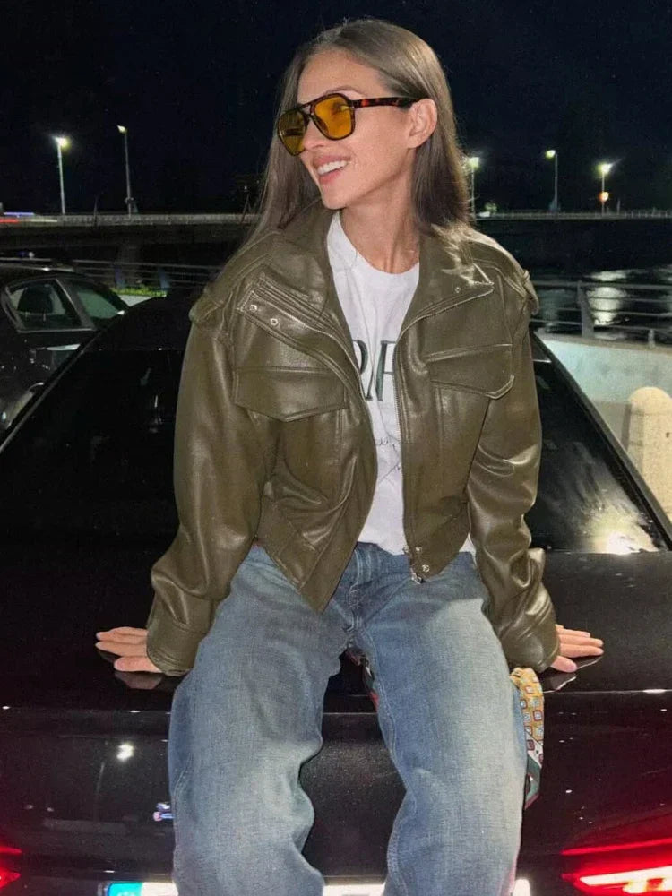 Women's stand collar zip-front jacket with flap pockets