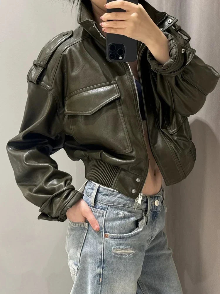 Women's stand collar zip-front jacket with flap pockets