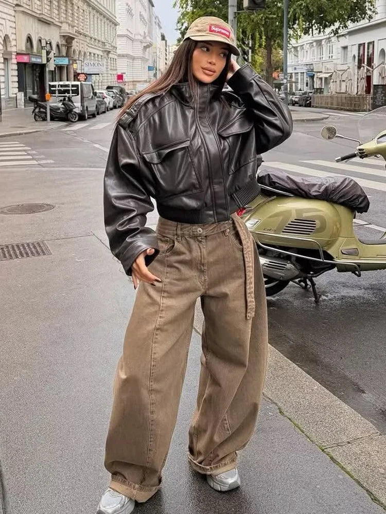 Women's stand collar zip-front jacket with flap pockets