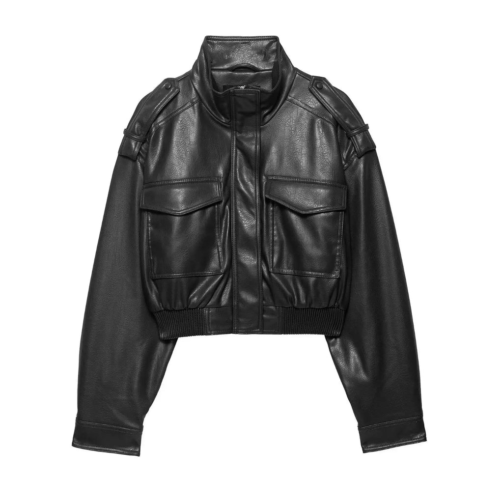 Women's stand collar zip-front jacket with flap pockets