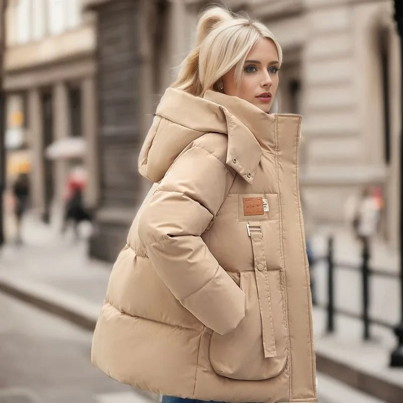 Women's stormproof puffer jacket with hood