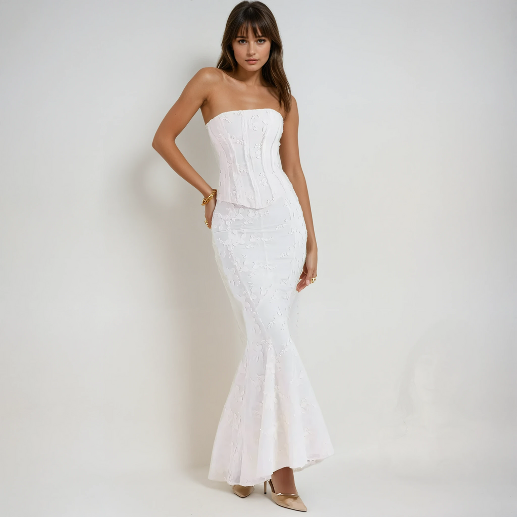 Women's strapless embroidered maxi wedding guest dress