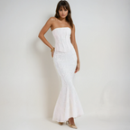 Women's strapless embroidered maxi wedding guest dress