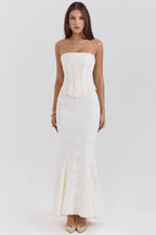 Women's strapless embroidered maxi wedding guest dress