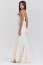 Women's strapless embroidered maxi wedding guest dress