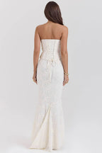 Women's strapless embroidered maxi wedding guest dress