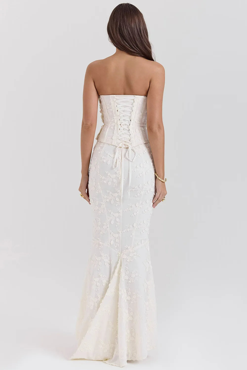 Women's strapless embroidered maxi wedding guest dress