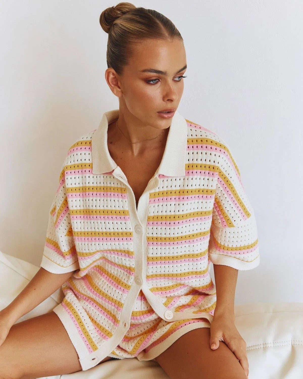 Women's striped knit button-up shirt and shorts vacation set
