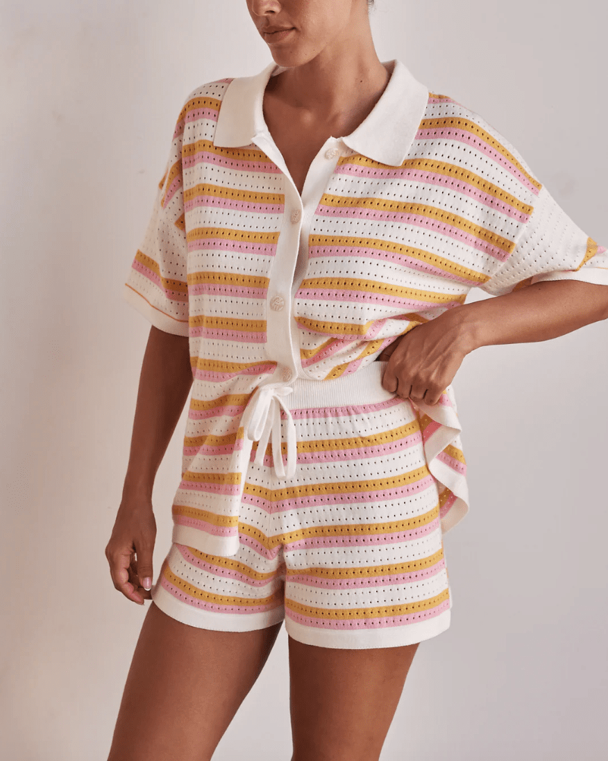 Women's striped knit button-up shirt and shorts vacation set