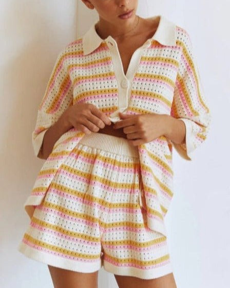 Women's striped knit button-up shirt and shorts vacation set