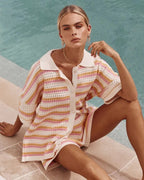 Women's striped knit button-up shirt and shorts vacation set